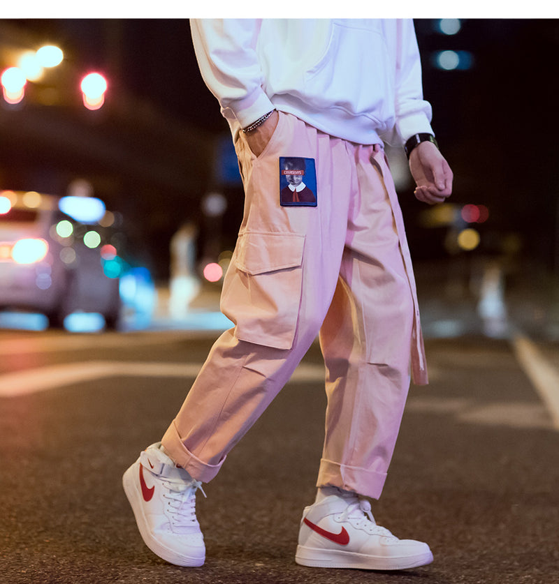 Men Casual Streetwear Cargo Harem Pants Ribbon Letter Embroidery Japanese Joggers