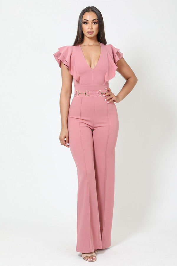 Layered Ruffle Shoulder Jumpsuit W/ Buckle Detail