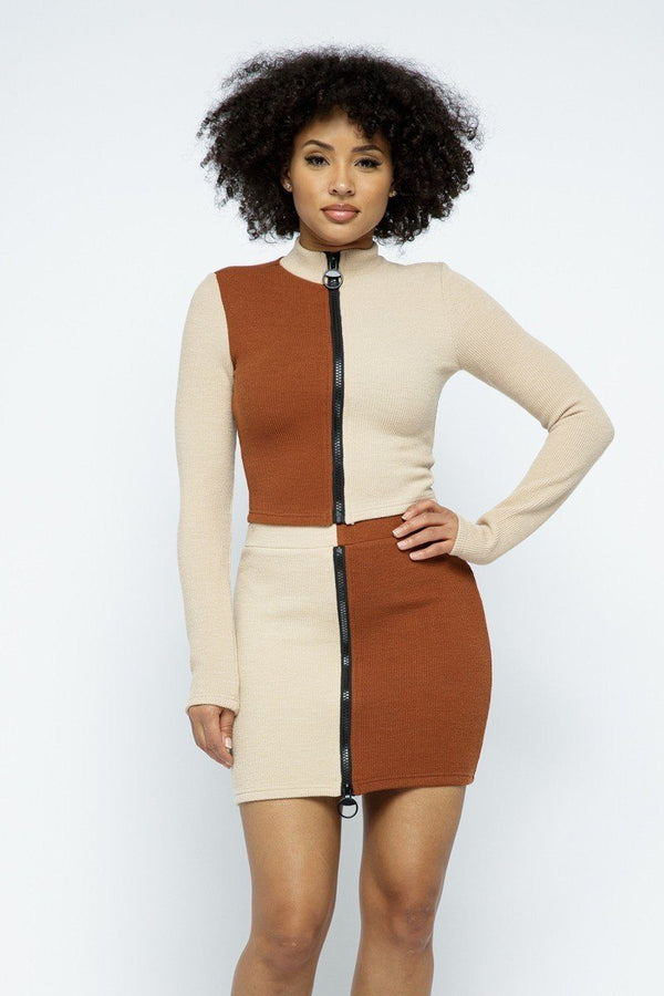 Color Block Mock Neck Long Sleeve High-waist Mini Skirt With Front Zipper Set