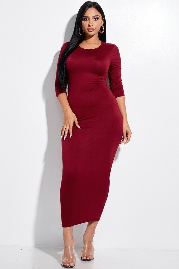 Solid 3/4 Sleeve Midi Dress With Back Cut Out