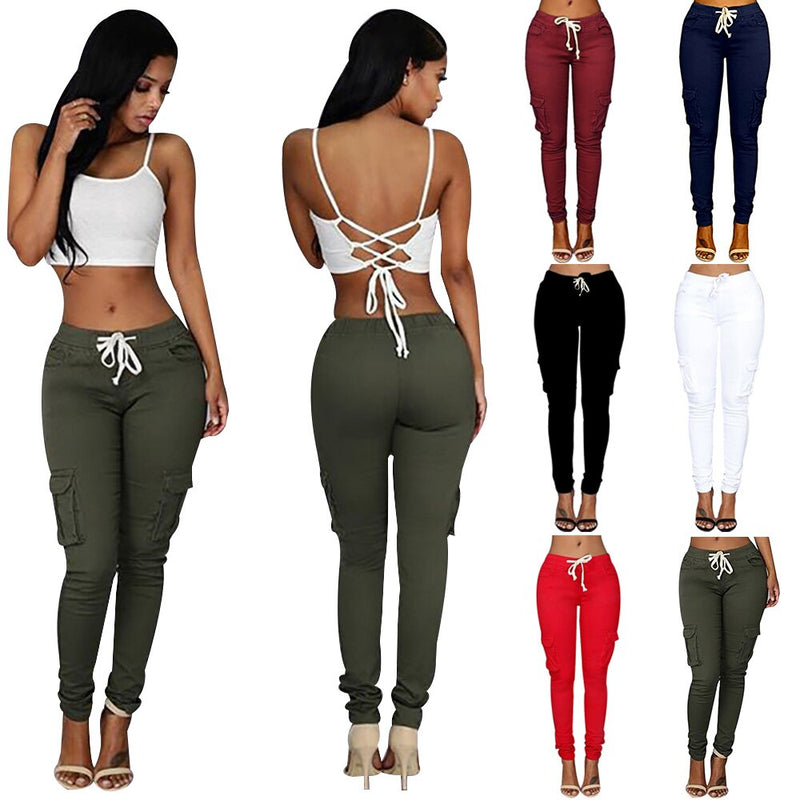 Women Casual Drawstring Multi Pocket Cargo Pants Skinny Pencil Fit