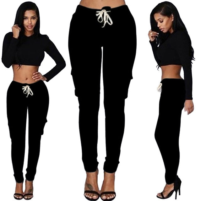 Women Casual Drawstring Multi Pocket Cargo Pants Skinny Pencil Fit