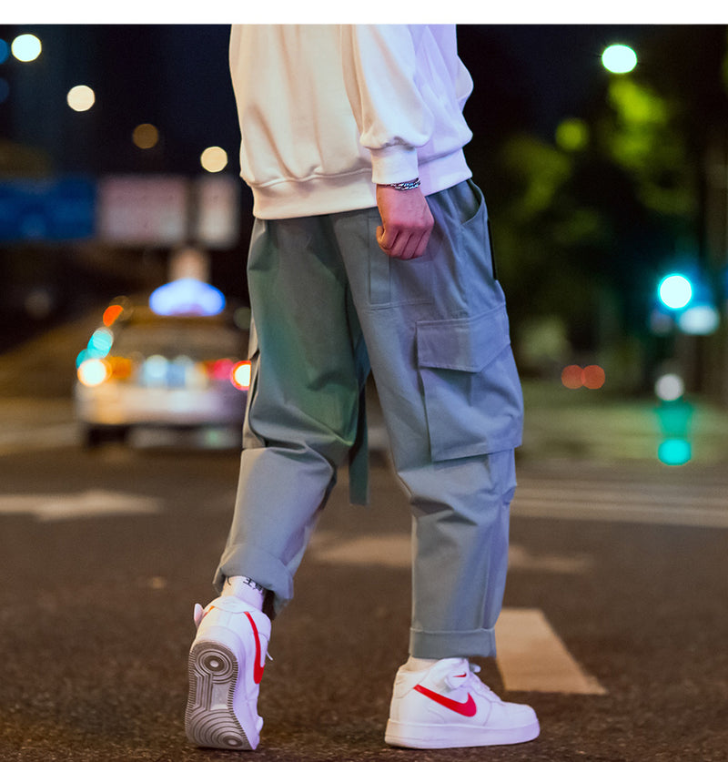Men Casual Streetwear Cargo Harem Pants Ribbon Letter Embroidery Japanese Joggers